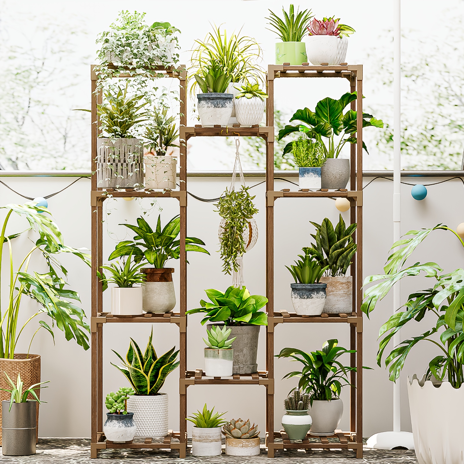 TEMU Bf Plant Stand For Indoor And Outdoor Use, A Tall Shelf Designed For Various Plants, Featuring 10 Levels And Capacity For 11 Pots, This Wooden