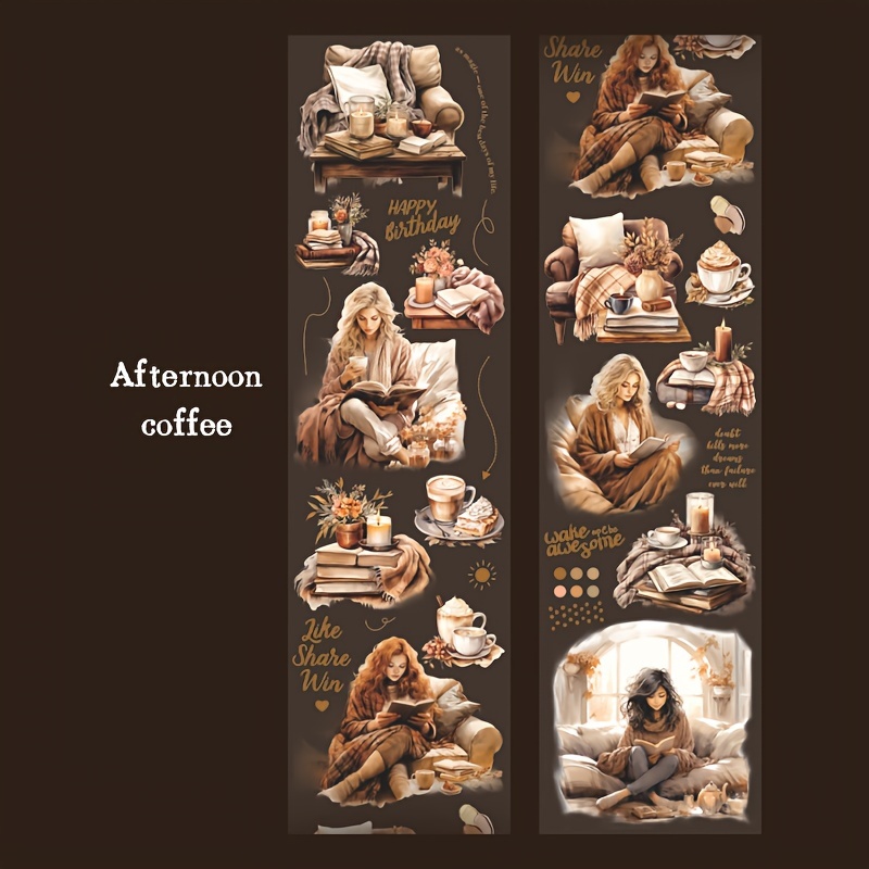 Image of 1 Roll/package Of Pet Tape With A Coffee Reading Character Theme, Perfect For Decorating Journals, Cups, And Stickers For Projects