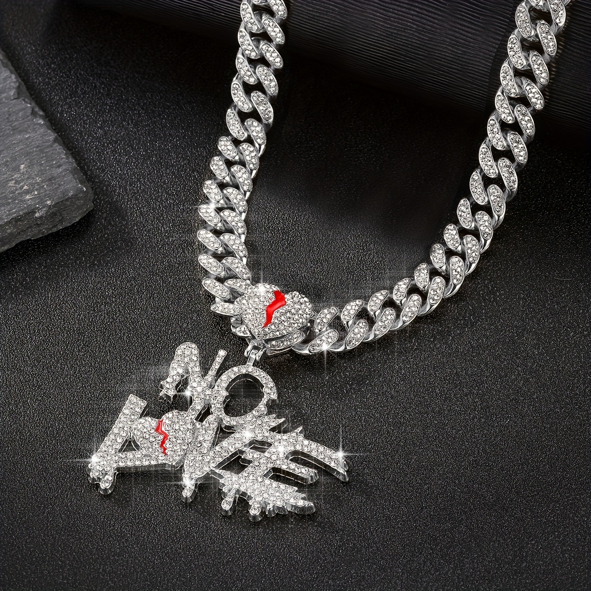 

Hip Hop No Love Heart Pendant Necklace With Full Rhinestone Cuban Chain For Men, Rapper Chain Accessories