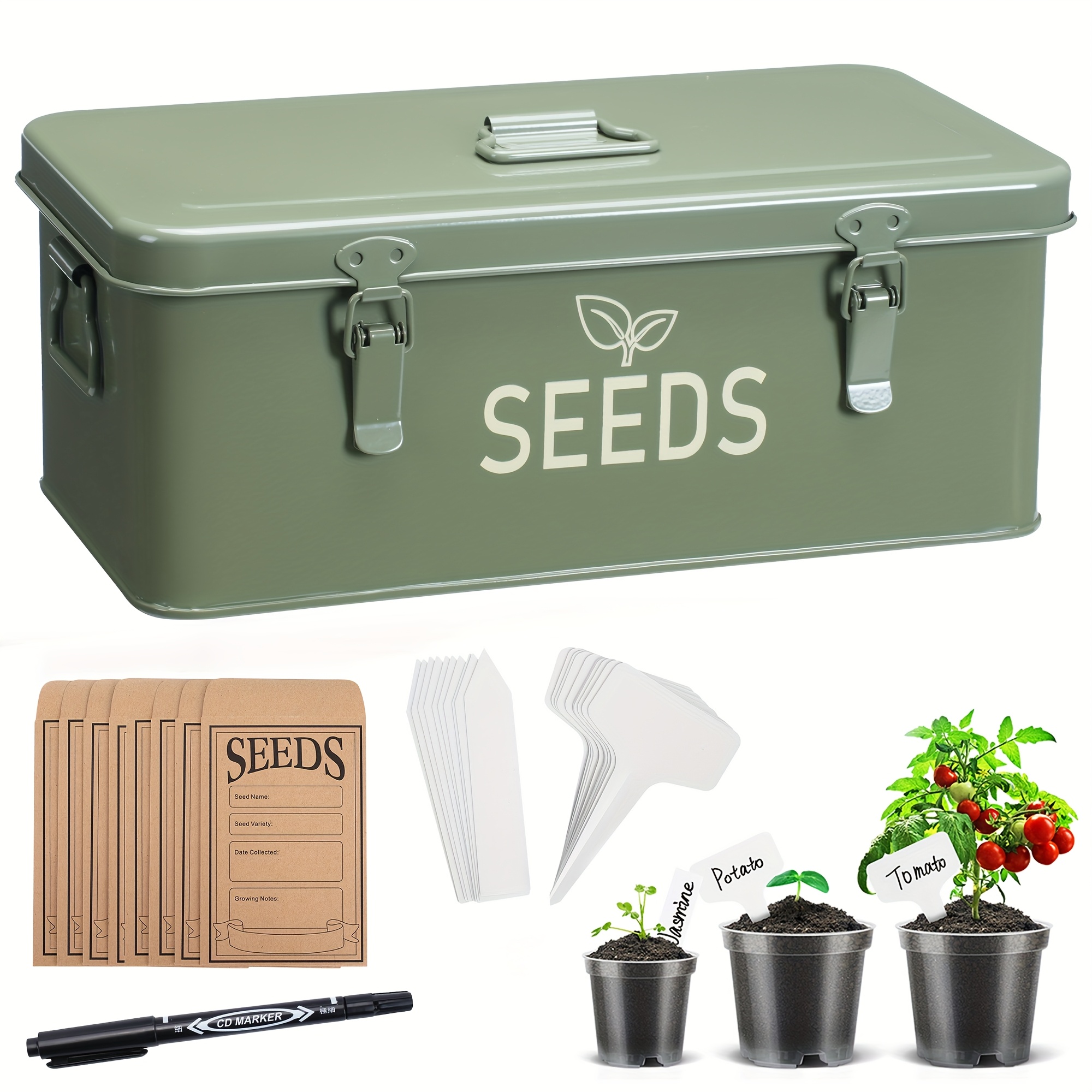 item picture seed saving box metal seed bin seed storage organizer box seed   container with lid seed envelope storage box 4 compartments garden seed bin with safety locks green