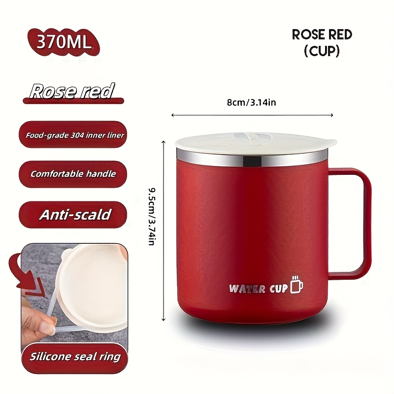 E-shop 1 Stück 370ml Lebensmittelechter 304 Edelstahlbecher mit Griff, Deckel Dichtung, Auslaufsicher, Hitzebeständige Kaffeetasse mit Staubschutz,