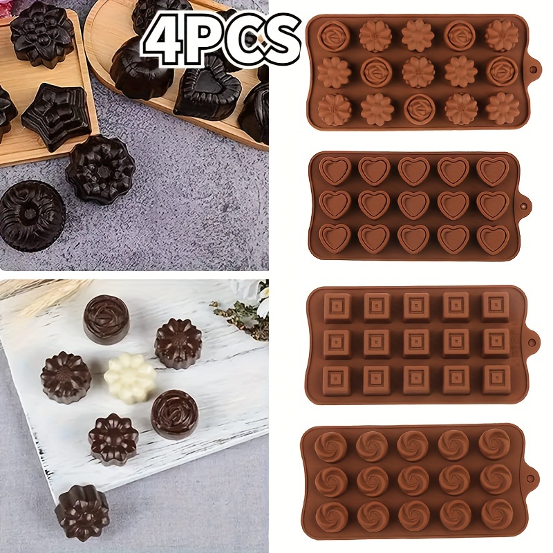 4-pack Silicone Chocolate Molds | 3d Heart, Flower, Square Iced Candy Molds, Jelly, , Truffle, Creative Cube Molds For Cakes | Reusable Kitchen Essential Baking Tools By Ailehopy