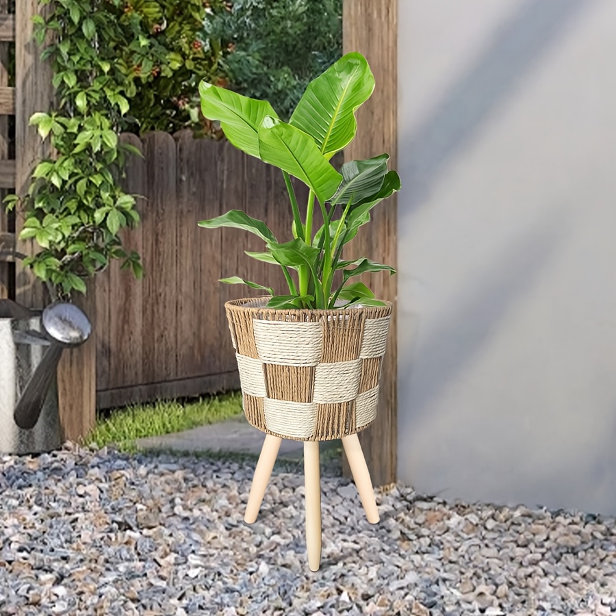 European-style Solid Wood Legged Woven Flower Stand - Floor-standing Cross-woven Simple Shelf for Living Room Sofa Coffee Table Side - Balcony Pothos Plant Pot Stand - Suitable for Small to Medium-sized Flower Pots | for Tabletop and Floor Use |
