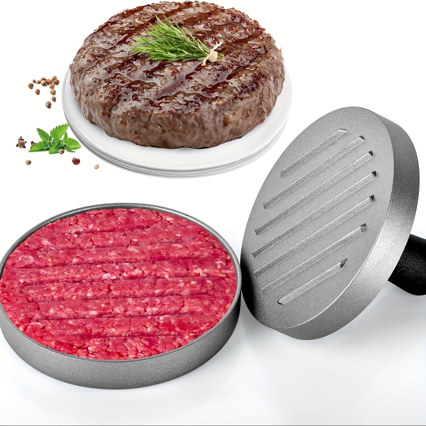 

Food-grade Aluminum Burger Press With Abs Handle, , Easy To Clean, 11.7cm Diameter, 1.8cm Deep