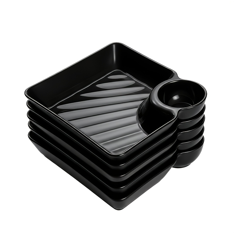 TEMU 5pcs Set, Black Dumpling Plate, Plate, With Sauce Area, Non-slip And Stackable, Thickened Pp Heat-resistant, Microwave Dishwasher Suitable,