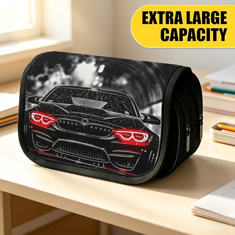 TEMU Trousse à crayons double couche grande taille, Pochette à crayons imprimée et avec tunnel de voiture de sport noire, Sac de rangement tendance,