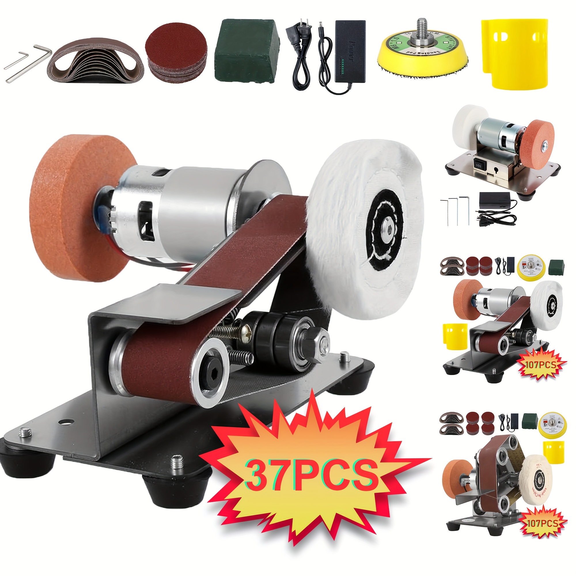 37pcs 107pcs 3 in 1 mini belt sanding machine   knife sanding machine electric desktop sanding machine 7 adjustable speed buffer polishing machines suitable for diy metal and wood handicrafts tools and tool polishing with kit