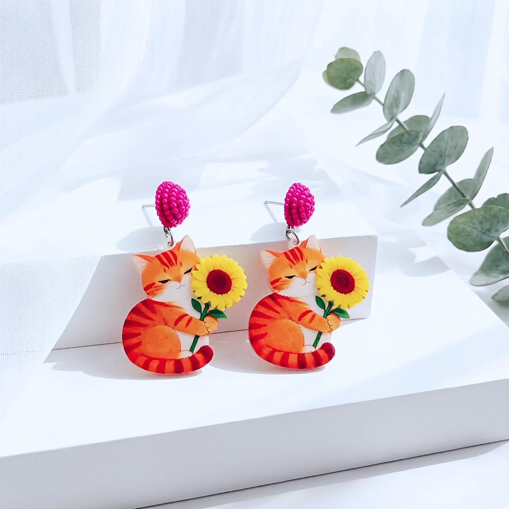 TEMU 1 Pair Of Handmade Hand-painted Acrylic Beaded Stud Earrings Featuring A Cat Hugging A Sunflower | Lightweight And Hypoallergenic With Sunflower