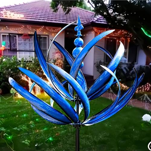 3d wind powered blue metal wind chime ornament outdoor dynamic garden decor with rotating rustic modern point suitable for courtyards patios lawns durable weather resistant metal spinner no batteries