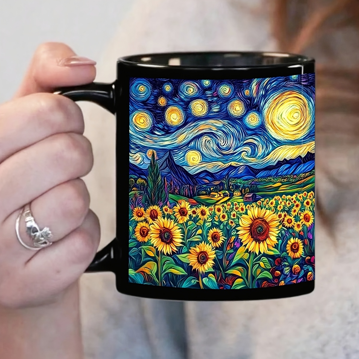 Image of 1pc Van Gogh Sunflower Ceramic Coffee Mug | Heavy-duty, Ideal For Hot And Cold Beverages, Perfect For Birthdays, Home Gifts, Office Supplies, Valentine's Day