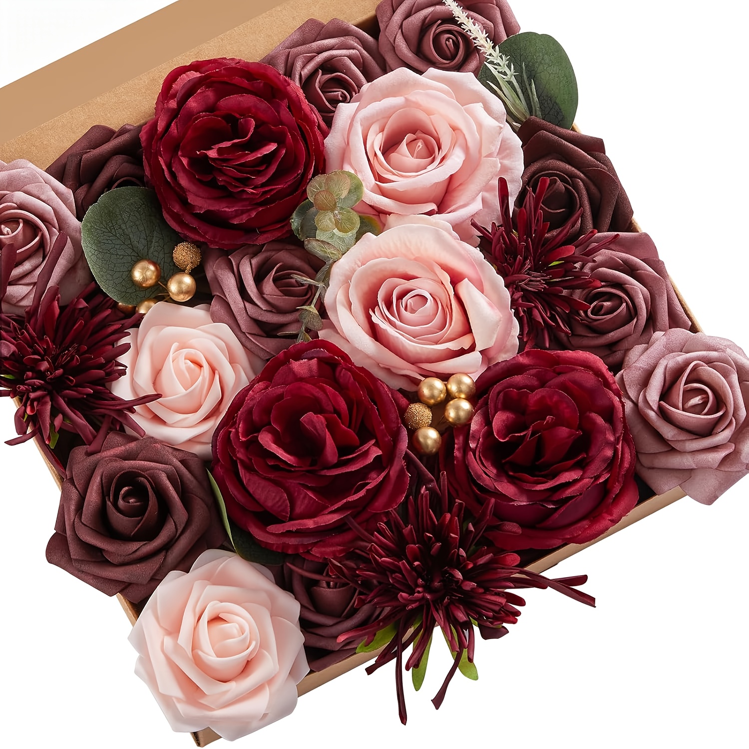 E-shop Geschenkbox-Set mit künstlichen Rosen in Burgunderrot Puderrouge - Eukalyptus, goldene , künstliche Blumen für DIY-Hochzeitsstrauß, Brautparty,