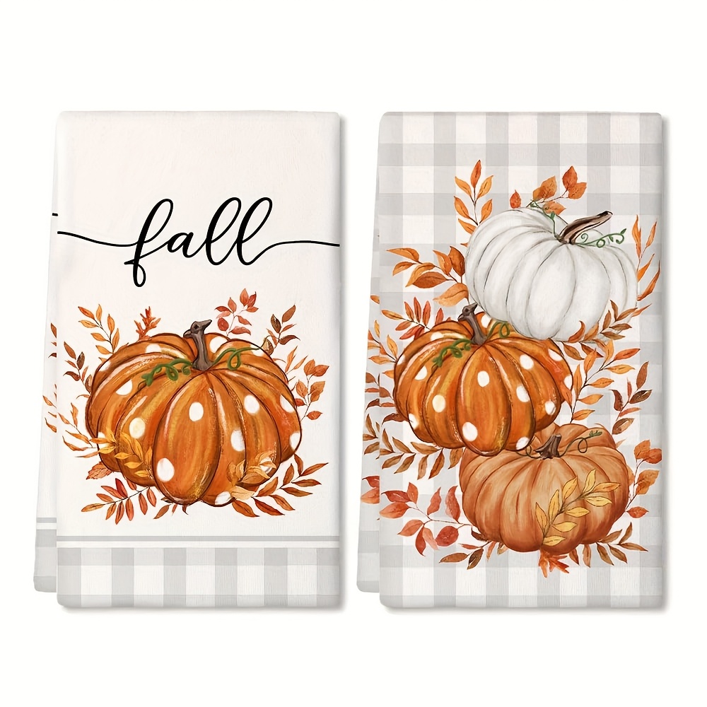 TEMU Fall Kitchen Towels Set Of 2, Orange Pumpkin Grey Buffalo Check Autumn Dish Towels 18x26 Inch Drying Dishcloth, Farmhouse Home Decoration