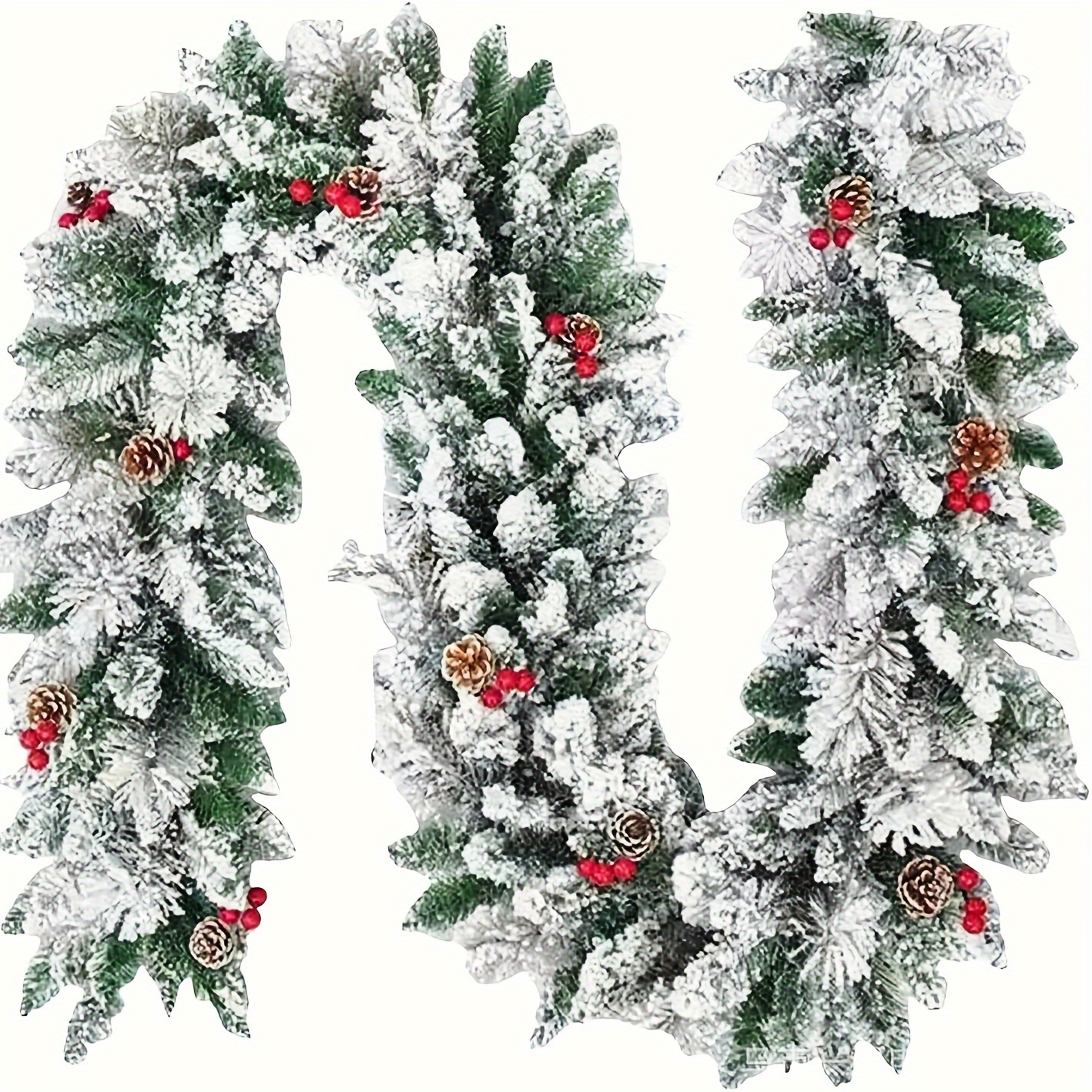 Image of 1pc, 9ft Christmas Snowy Flocked Pine Garland, Snowy Christmas Garland With Artificial Pinecones And Red Berries, Xmas Wreath Decoration For Indoor Or Wall Fireplace Decor Halloween
