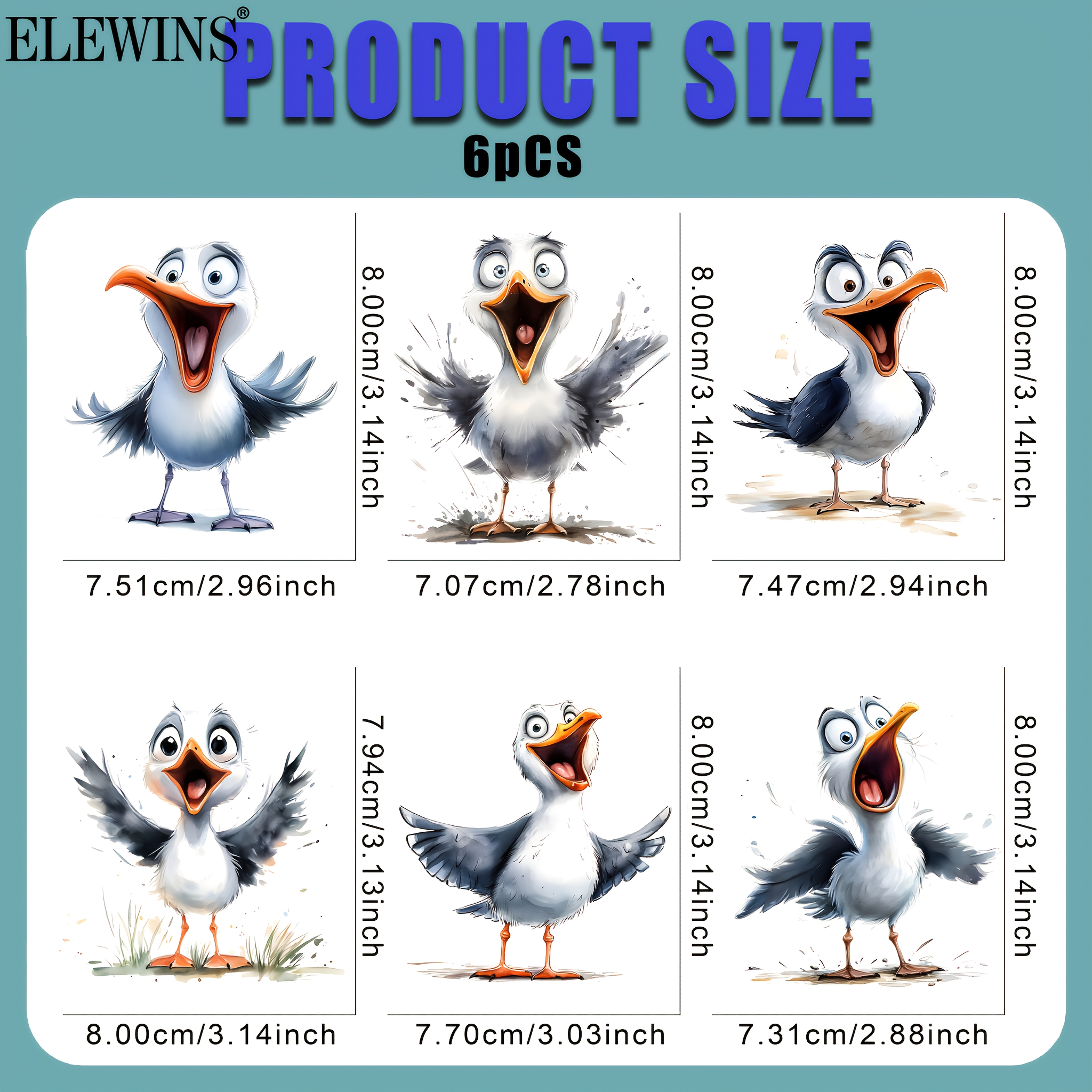 E-shop 6 Stück ELEWINS Niedliche Ausdrucksstarke Möwen Bügelbilder - DTF Hitzepress-kompatible Vinyl-Stoffapplikationen für T-Shirts, Hoodies, Jeans, ,