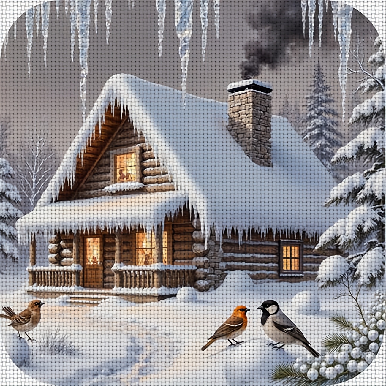 TEMU 1pc Printed Diy Stitch Kit, Frameless, "snowy Cabin With Birds" Pattern, Perfect For Beginners' Relaxing Craft Time, Experience The Full From