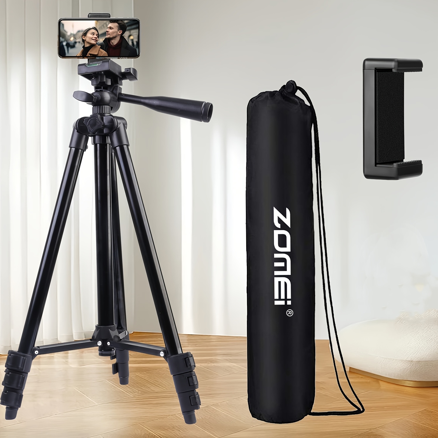 TEMU 50.6-inch Portable Aluminum Alloy Tripod, Equipped With A Phone Clamp And Storage Bag, Suitable For Video Recording, Selfie, And Live Streaming.