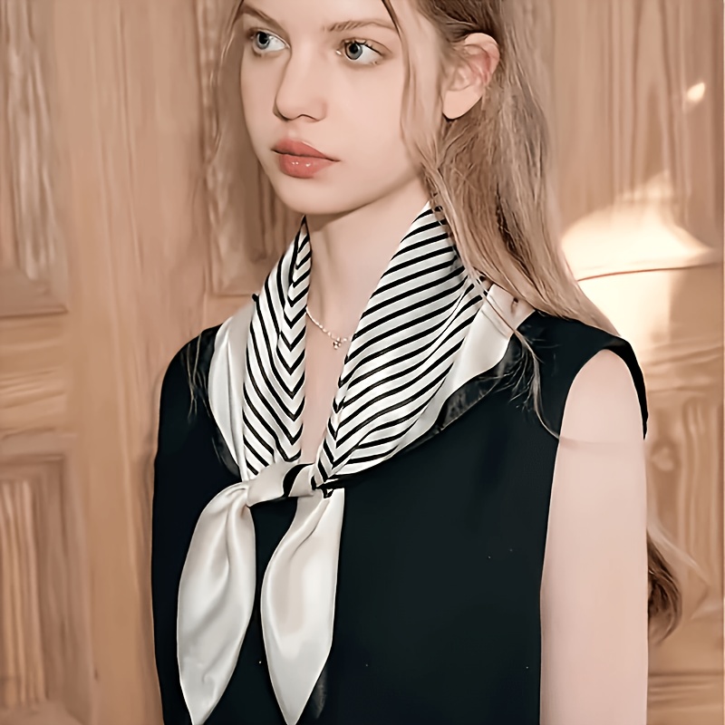 Faux Shawl Scarf, Minimalist Black & White Satin Square