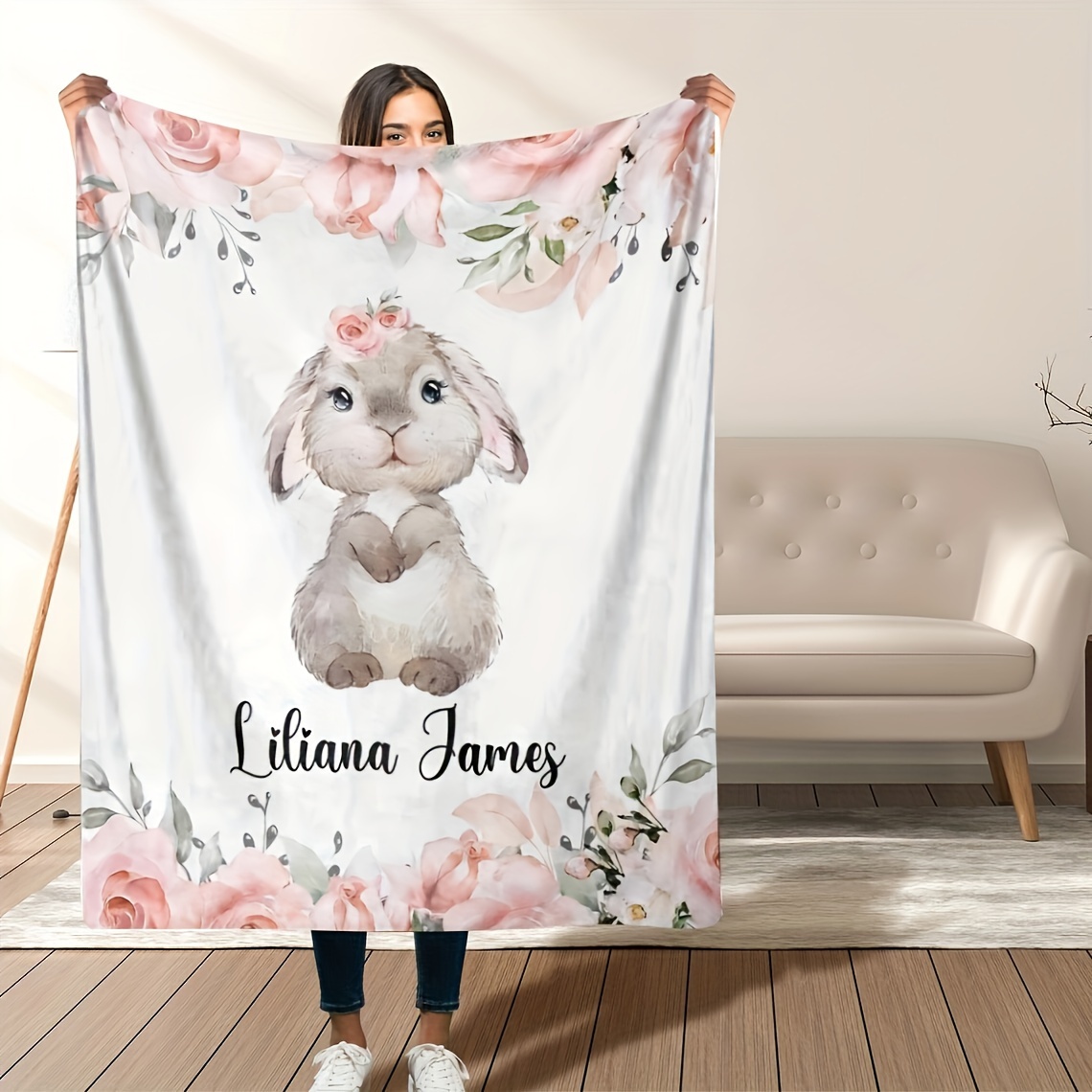 

Personalized Vintage Bunny Floral Blanket With Custom Name Embellishment, Soft Fleece Throw For Sofa And Tv, All-season Knitted Polyester Fabric - Ideal Gift For All Occasions