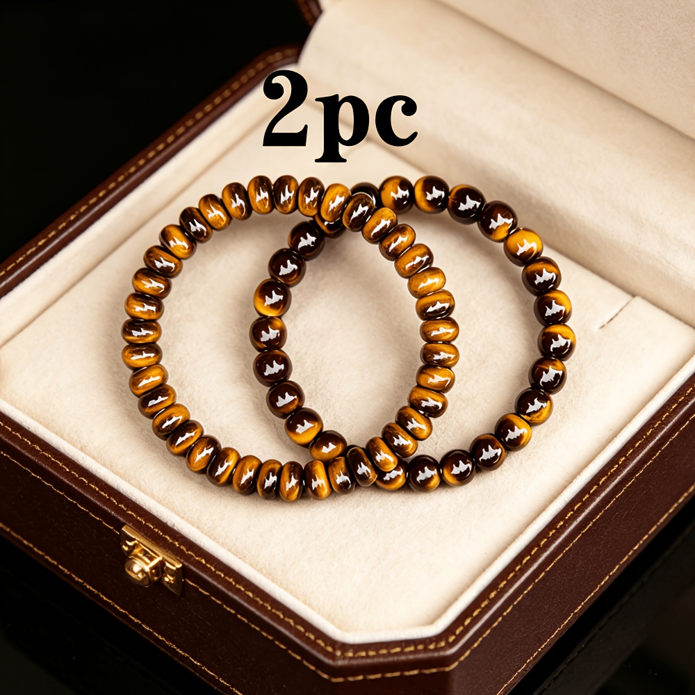 TEMU 2pcs/set Handmade Tiger Stone Bracelet, High-quality Bangle, Men And Women's Birthday Gift, Couple And Friend Bracelet, Suitable For Christmas,