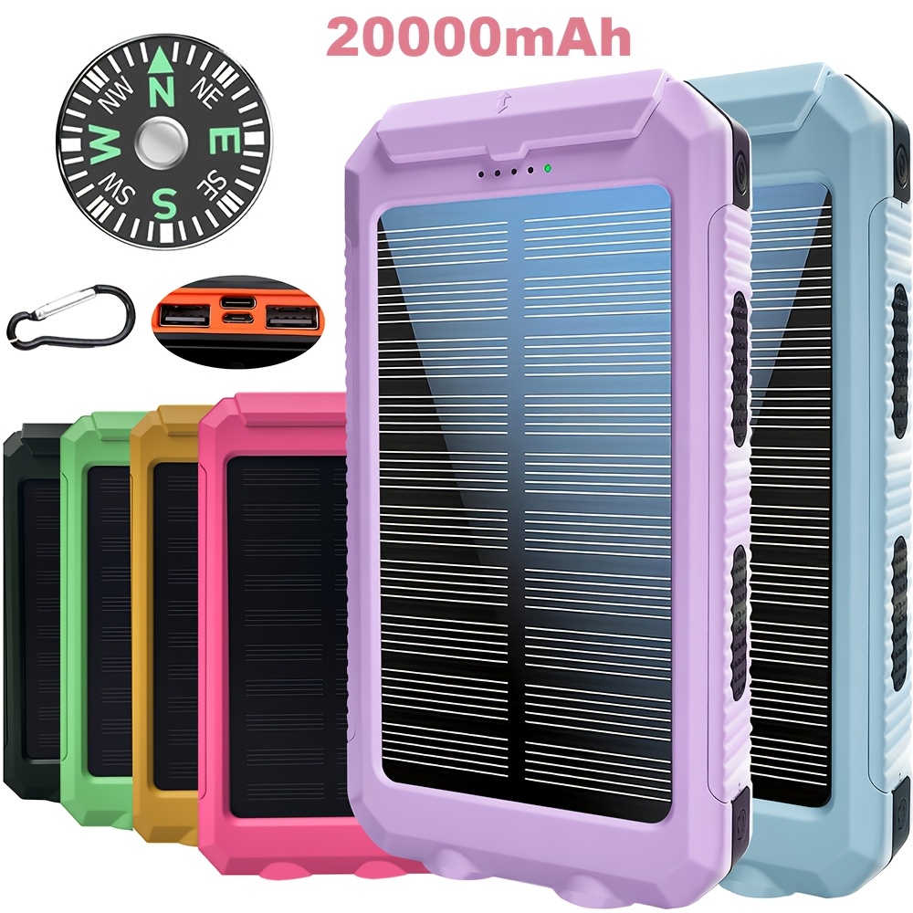 20000mah portable solar power bank portable solar mobile phone charger camping external battery charger for mobile phones 2 usb led flashlights with compass for outdoor activities