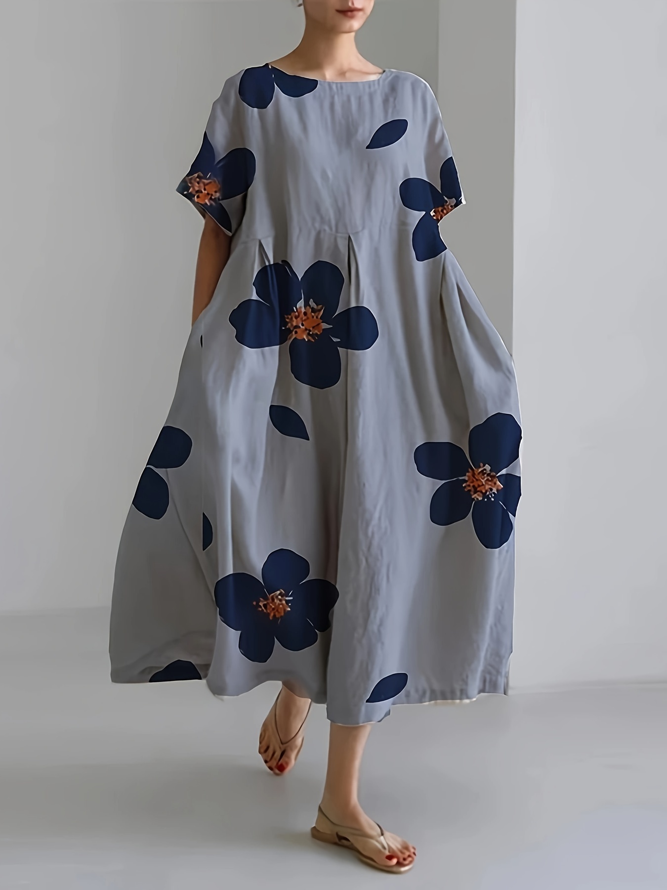 Women's Floral Print Maxi Dress Loose Fit Short Sleeve Round Neck  Semi-Sheer Casual Party Dress with Pockets, Machine Washable for Spring  Summer Fal