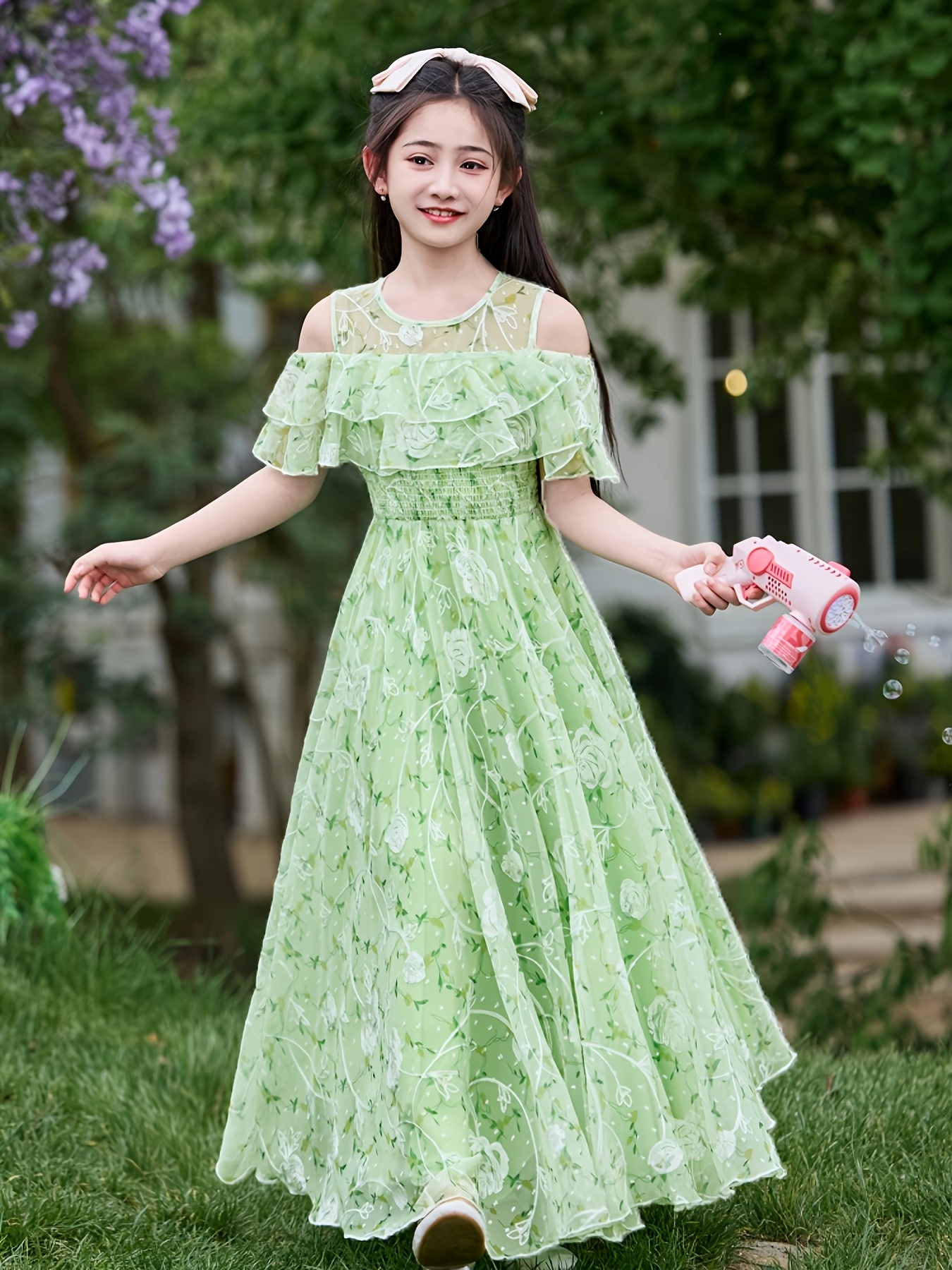 girls floral maxi dress summer shoulder green long dress - Temu Pakistan