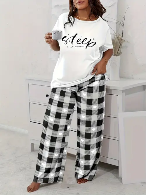 plus size sleep heart print wide leg pajamas set