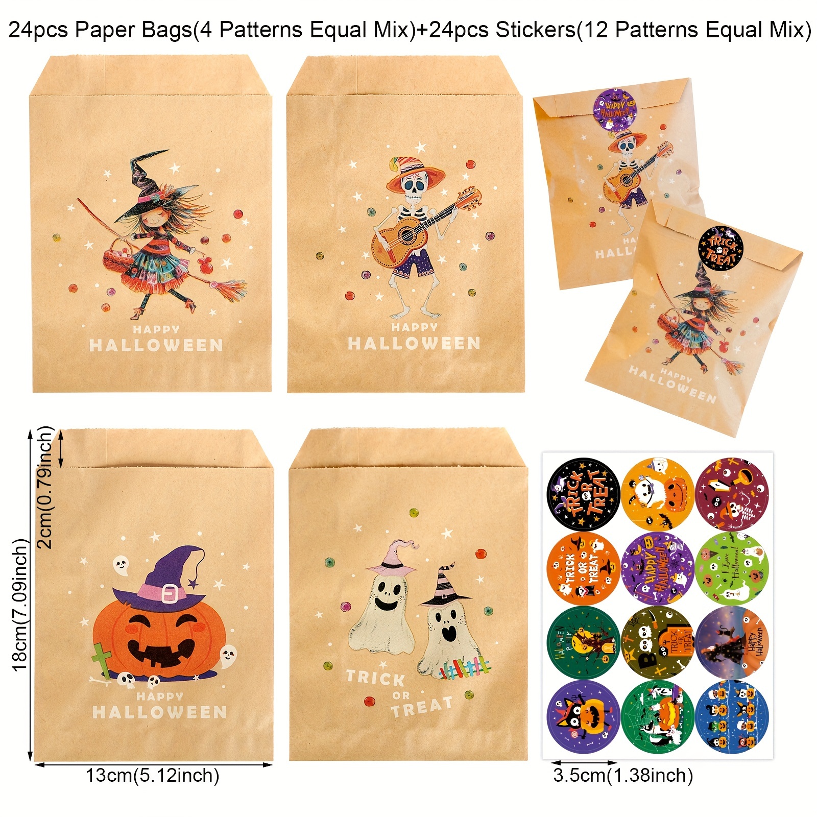 Image of 24 For Halloween Gift Bags Featuring Vintage Paper With Cartoon Pumpkins And , Perfect For Party Gift Wrapping And Includes Stickers