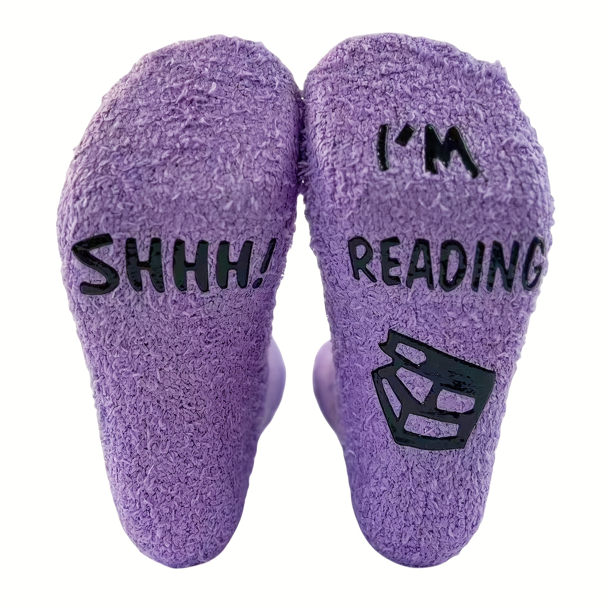 TEMU Calcetines unisex de de coral pantorrilla, antideslizantes | Diseño "Shhh! I'm Reading" (¡Cállate! leyendo), felpudos y cómodos para dormir en