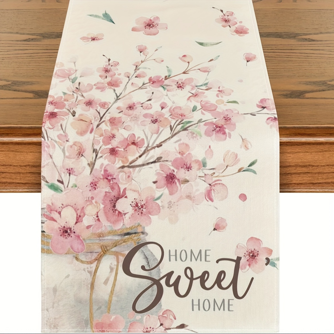 

1pc Pink Cherry Blossom "" Table Runner - Linen, Seasonal Kitchen Dining Decor, 13x48/13x72/13x108 Inch, Cherry Blossom Decor