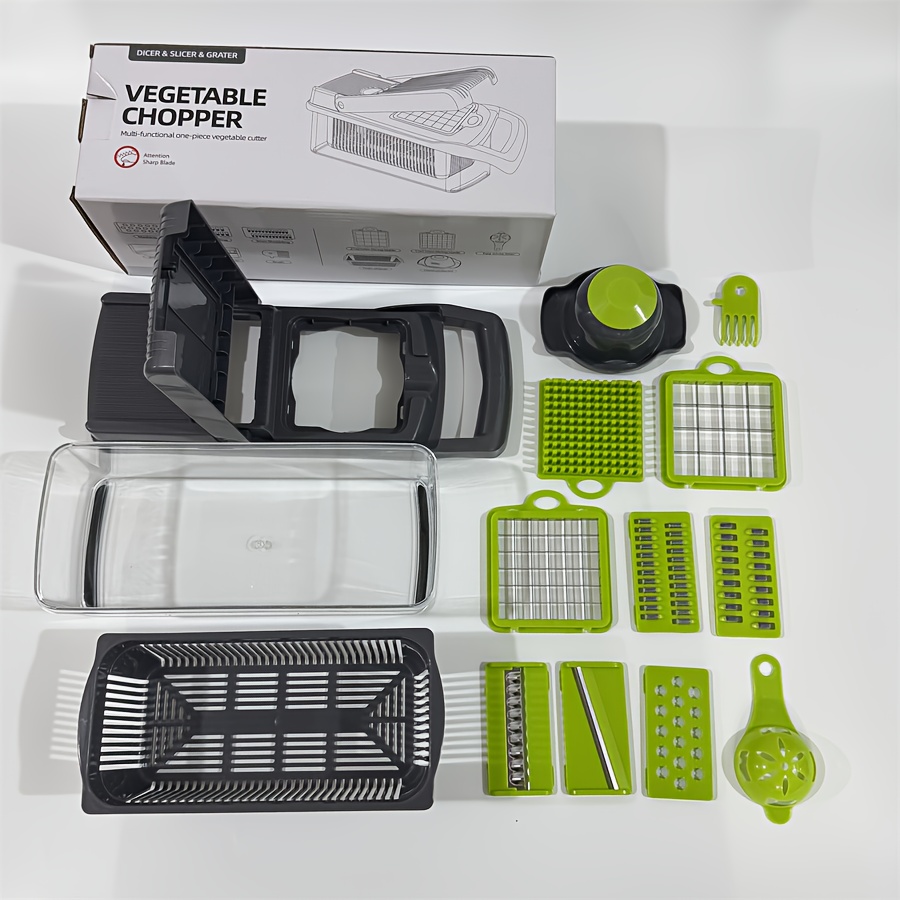 TEMU 14-in-1 Vegetable Cutter, Multi-functional Manual Fruit Slicer, Plastic, For Slicing, Dicing, Shredding, With Container, Ideal For Onions,