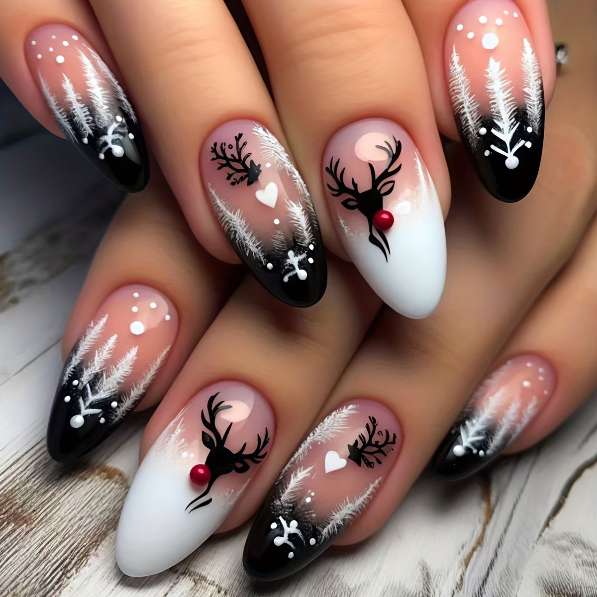 TEMU Christmas 24pcs Medium-length Glossy White Nails With Detachable Reindeer Antlers, Candy-colored Press-on Nails For Festive, Daily, And Party