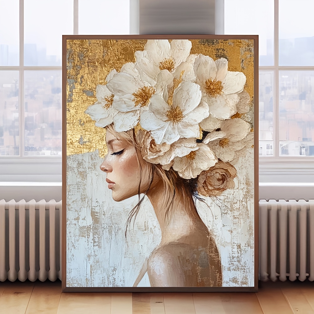 TEMU 2d Flat, 2d Flat, 1pc, Frameless, Floral Woman Canvas Oil Painting, Elegant Natural Wall Art, Romantic Female Portrait, Soft Aesthetic Decor, A