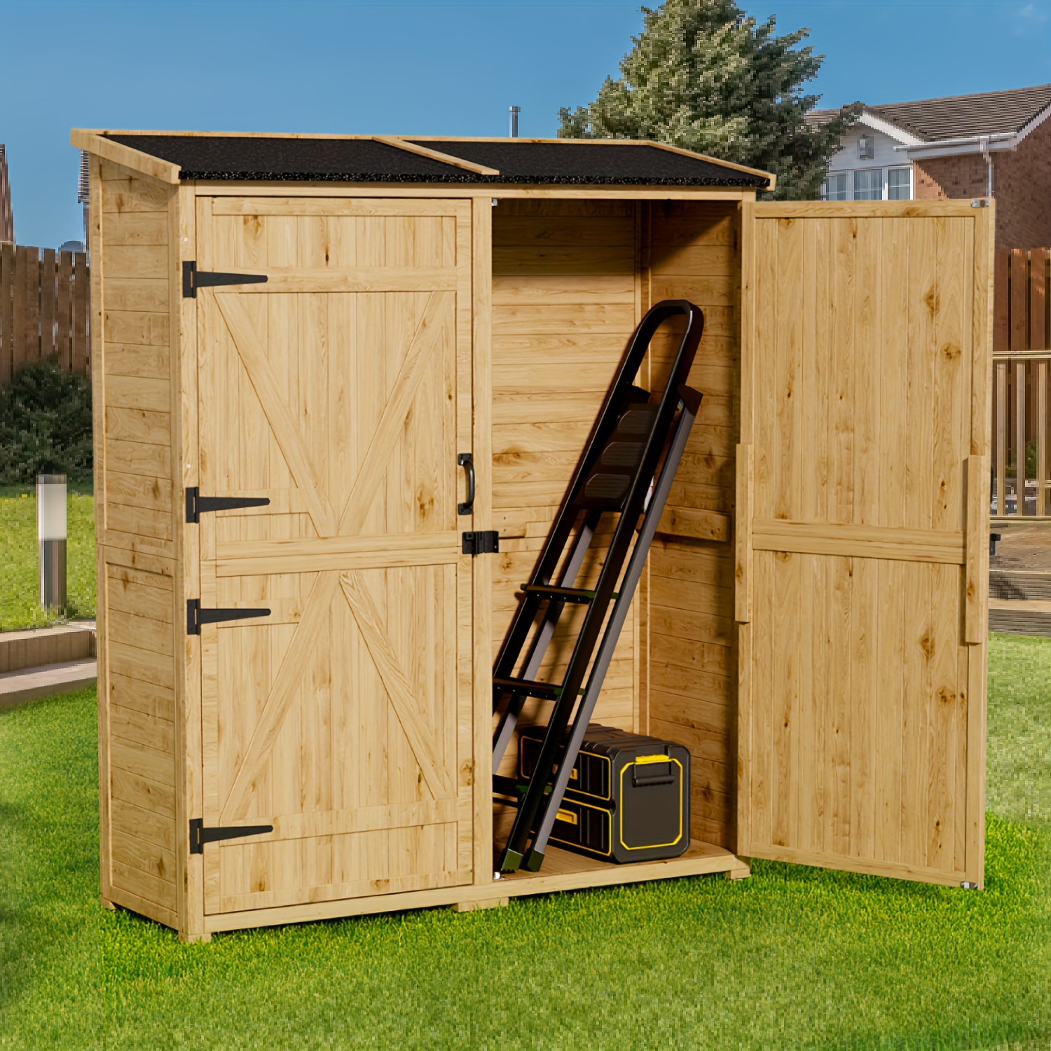 

Outdoor Storage Cabinet With Waterproof Roof And Double Lockable Doors, Features 2 Removable Shelves For Flexibility, Spacious Wooden Shed Offering Ample Storage For Patio, Garden, Backyard, Lawn