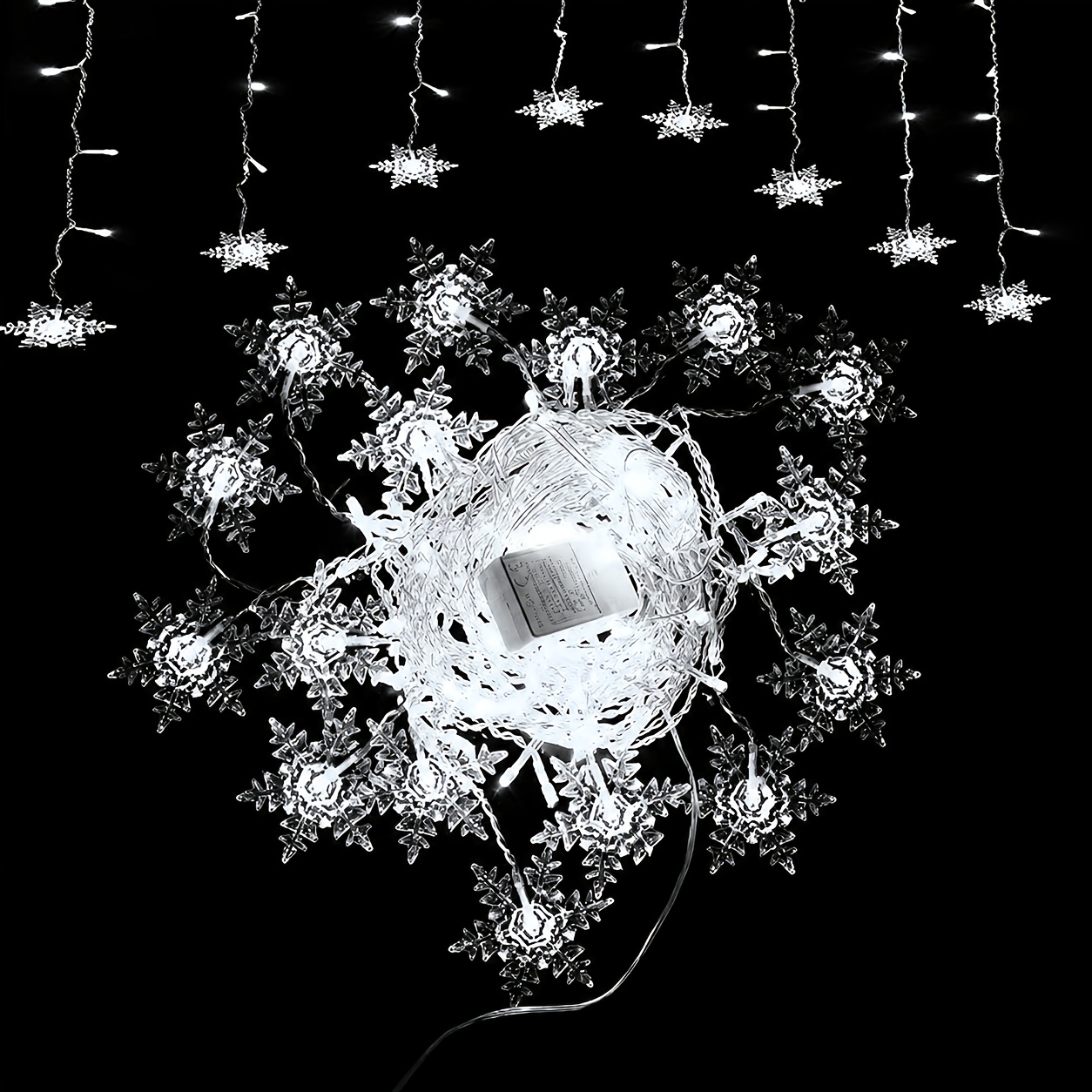 TEMU 1pc Christmas Icicle Lights With Snowflakes Hanging Snowflake Light With 8 Warm White/white/blue Icicle Lights For Outside Roof Window Holiday