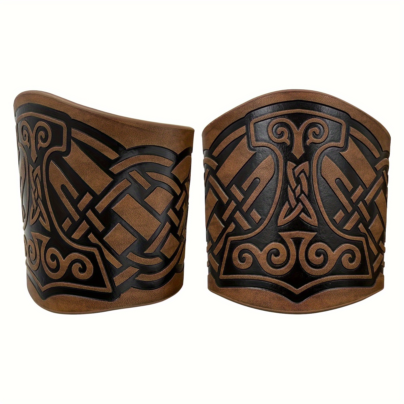 TEMU 2pcs Embossed Leather Cuff Bracelets - Norwegian Vintage Wristbands With Mjolnir & Designs