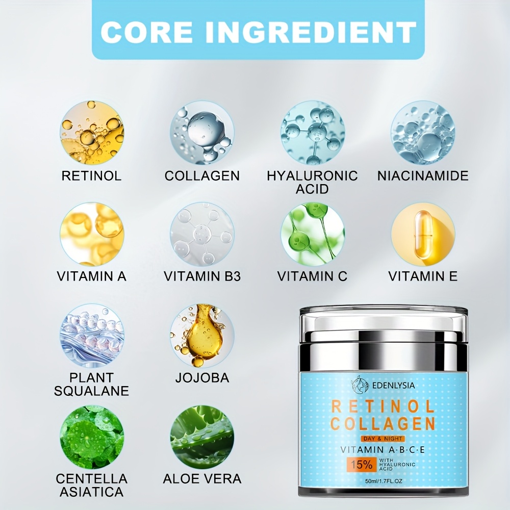 Suitable for All Skin Types Retinol Collagen Cream, Hyaluronic Acid Moisturizing, Vitamin C and E, Plant Squalane