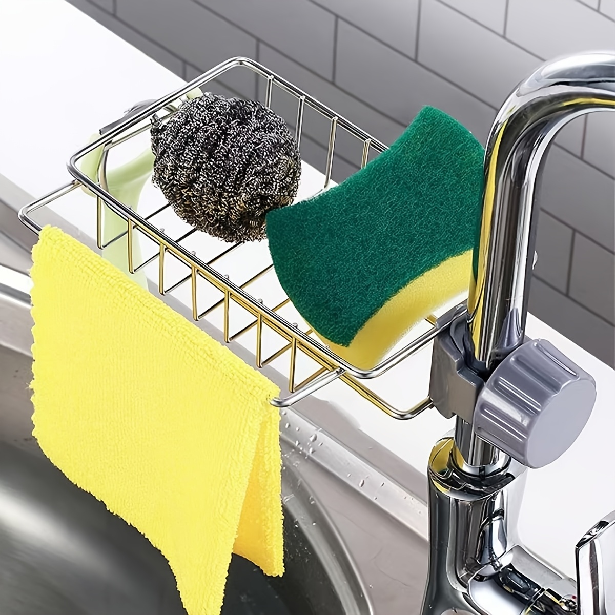 TEMU 1pc Stainless Steel Kitchen Faucet Rack And Sink Caddy Organizer For Sponge, Soap, Brush, And Towel Storage - Bathroom Shower Caddy Shelf For
