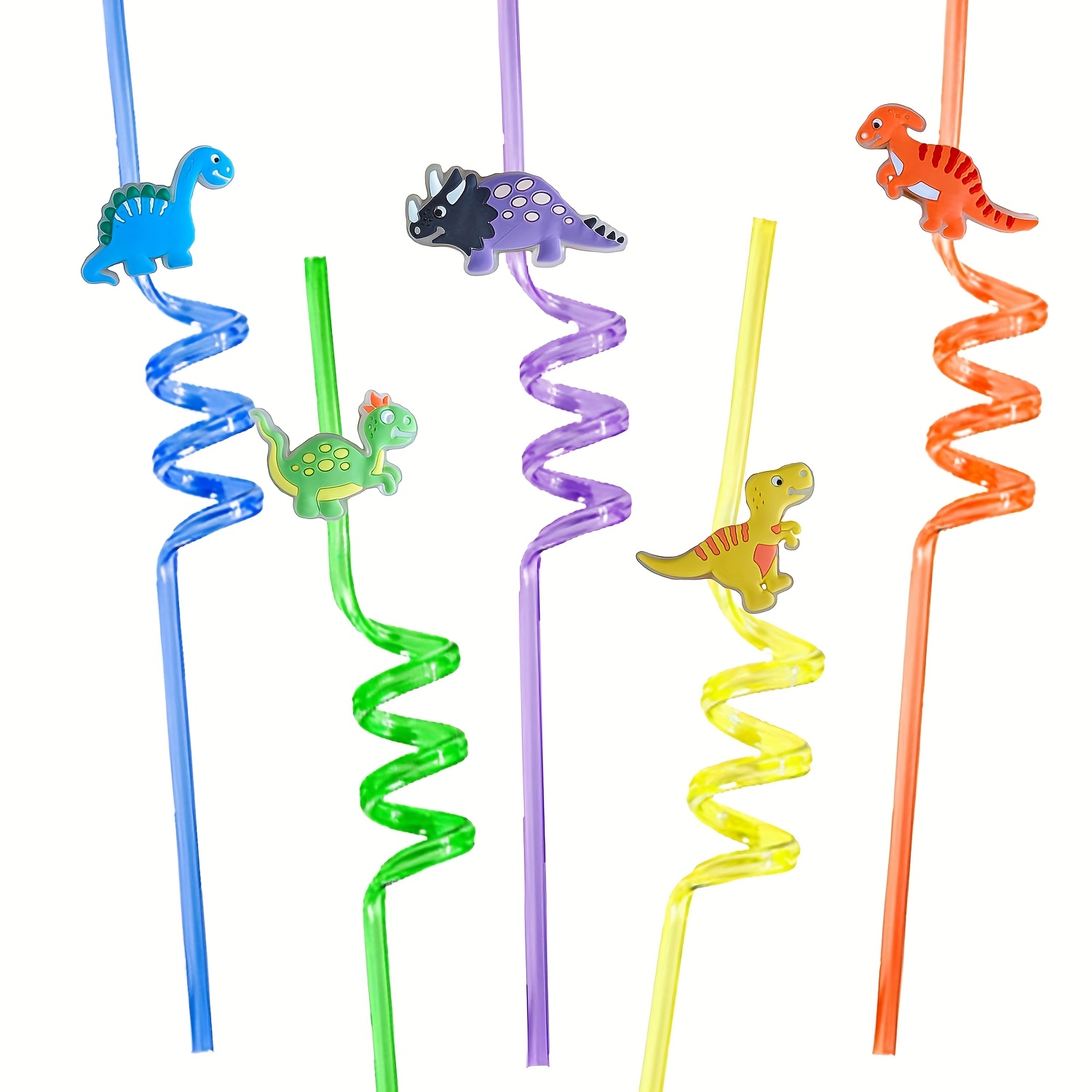 E-shop 5 oder 8 Dinosaurier-Spiral-Trinkhalme, wiederverwendbar aus Kunststoff, mit Dekorationen in verschiedenen Farben, für Geburtstage und