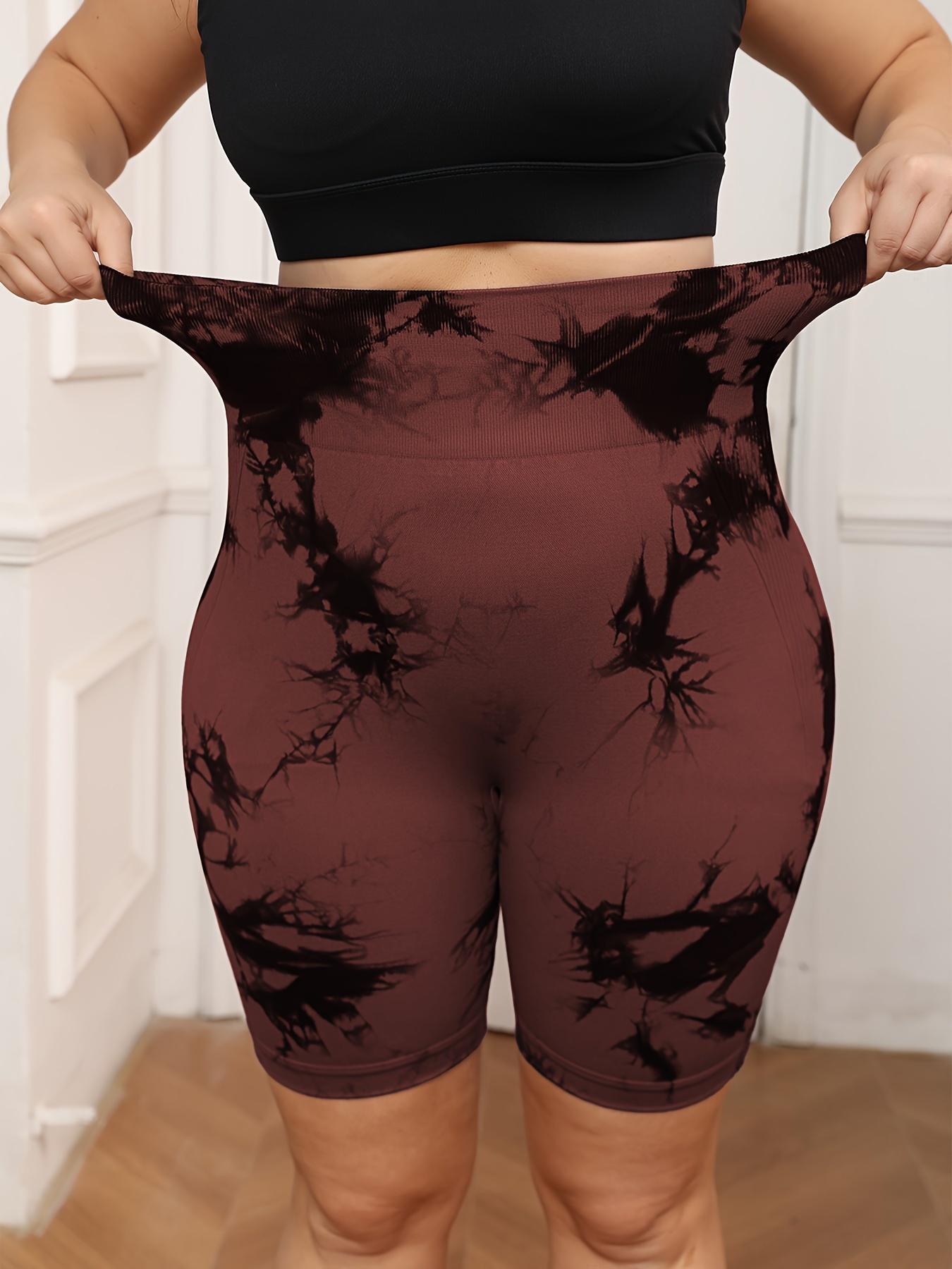 Plus Size Women's High-Waisted Tummy Control Yoga Shorts - Tie-Dye Design, Stretchy Machine-Washable Fabric for Summer Workouts & Casual Wear, Tummy Control Shorts, Stylish Workout Apparel, Highelastic Fabric