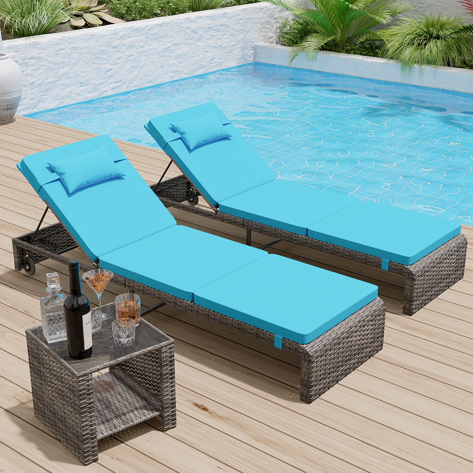 Lounge Chair Set, 3pcs Outdoor Modern Patio Furniture Lounge Chairs Set of 2 with Adjustable Backrest And Side Table, Durable PE Wicker, Weather Resistant Cushions, Blue