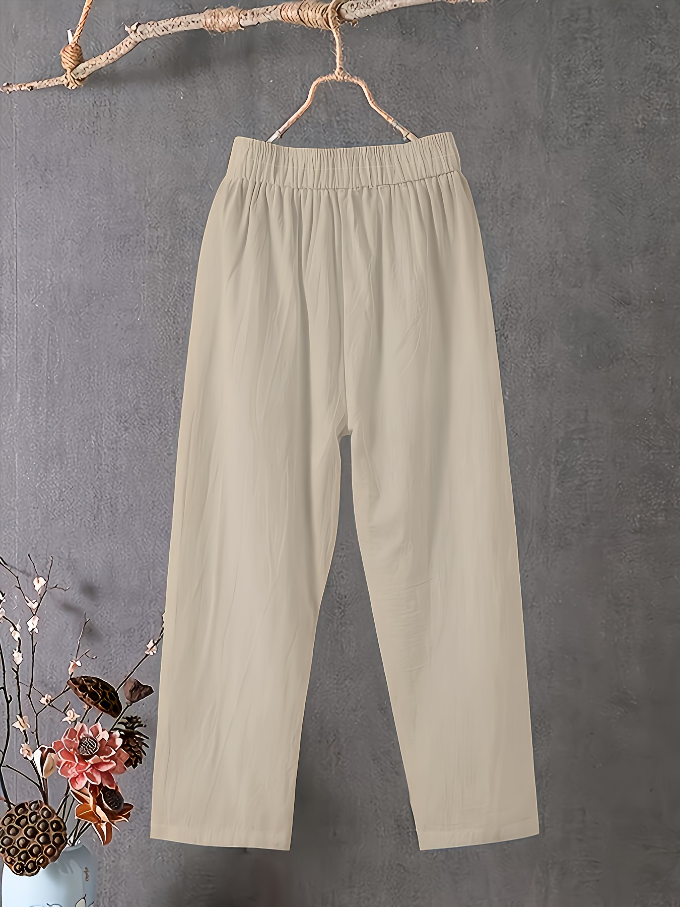 Women's Plus Size Lightweight Straight-Leg Pants - Casual White Harem Style, Elastic Waistband, Polyester, Machine Washable for Spring/Summer/Fall
