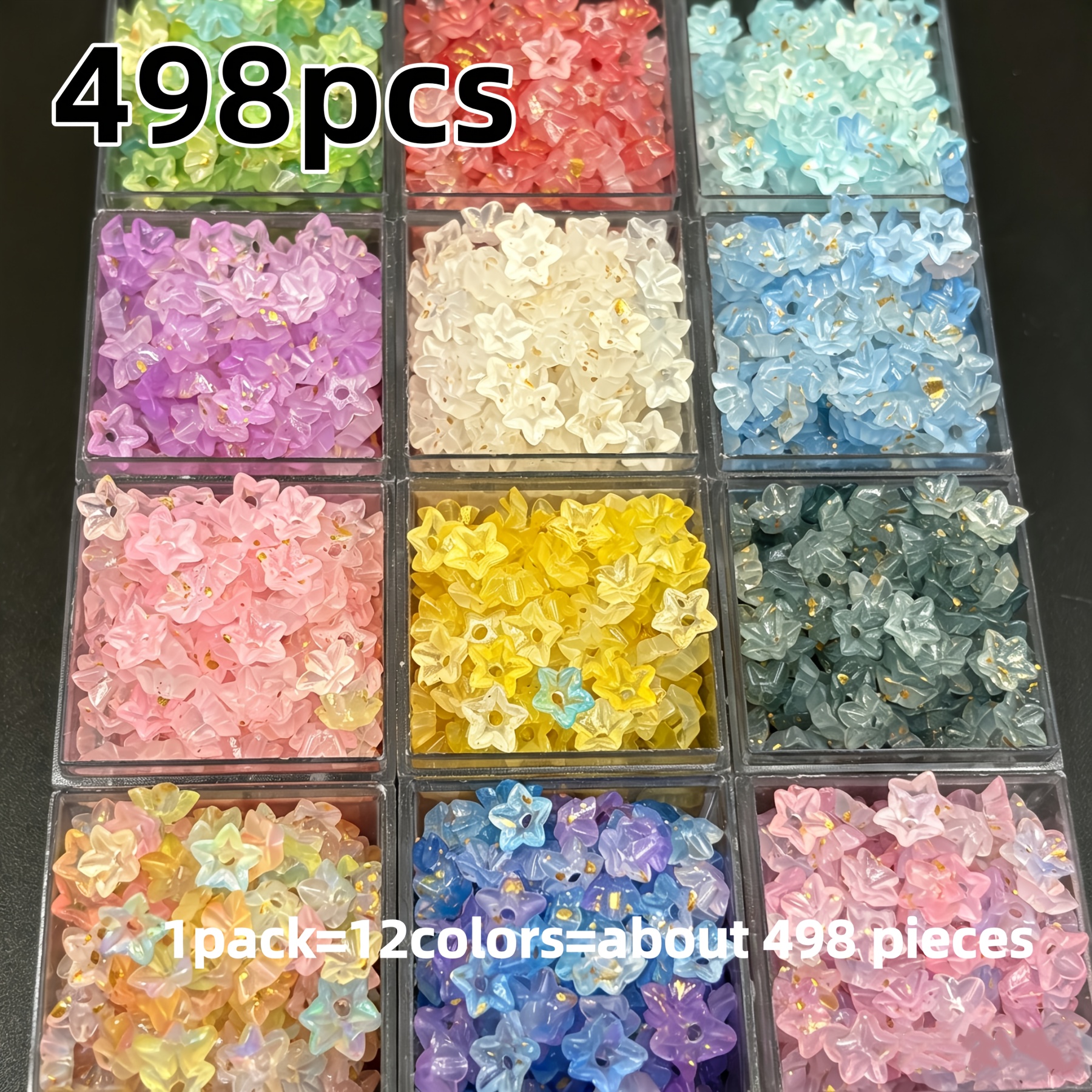 TEMU Lot de 498 perles acryliques de fleur à 5 pétales de 6,2 mm, couleurs aléatoires, 12 couleurs, pour la fabrication de bijoux, accessoires