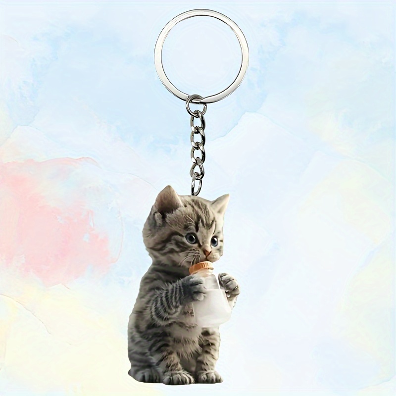 

Acrylic Kitten Keychain - Cute Cat Drinking , 2d Flat Animal Keyring Charm, Single Piece, Decorative Accessory For Backpacks & Keys, Ideal Birthday Gift With Ring