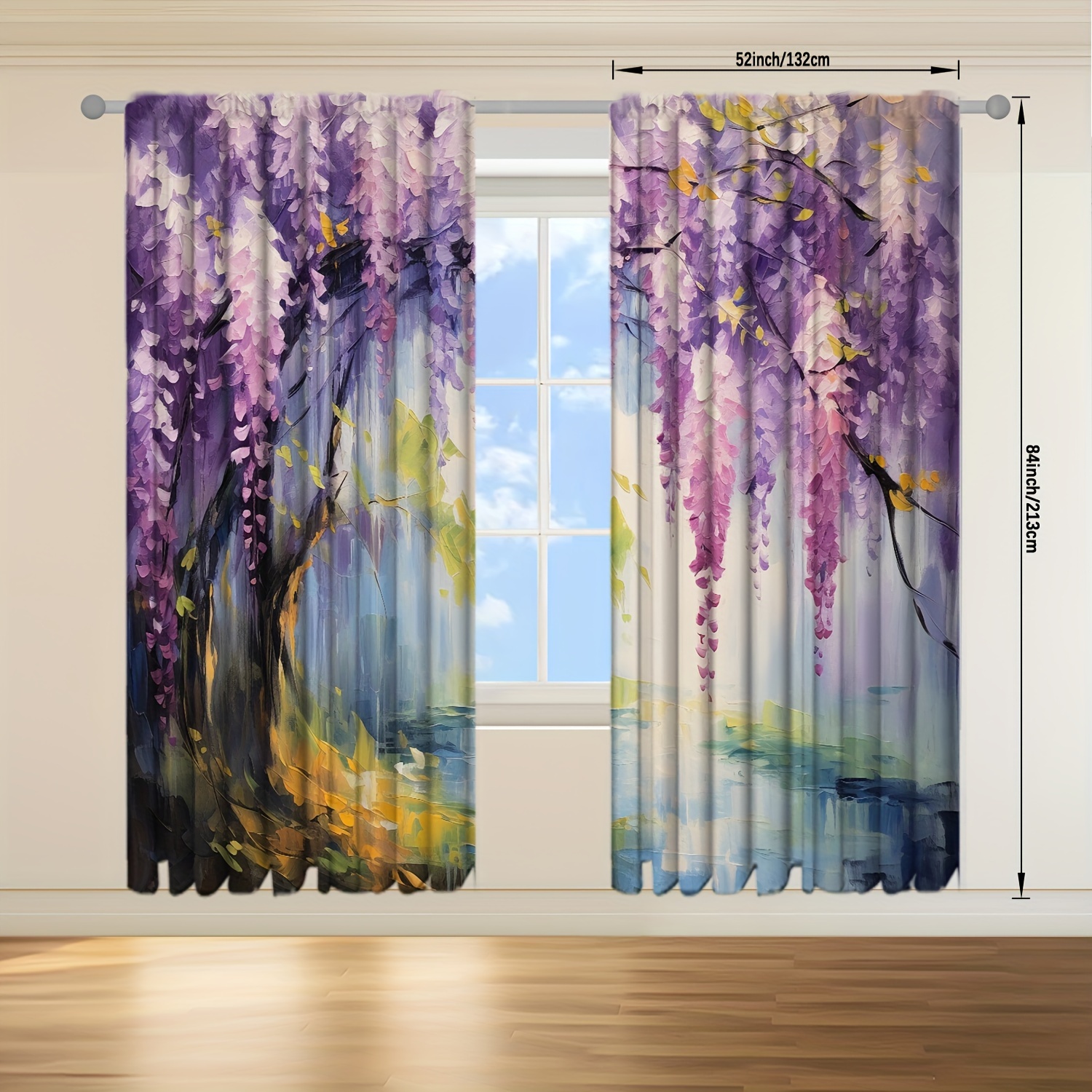 TEMU 2pcs Oil Painting Of Wisteria Flowers Printed Curtain For Home Decor Rod Pocket Window Treatment For Bedroom, Office, Kitchen, Living Room, And