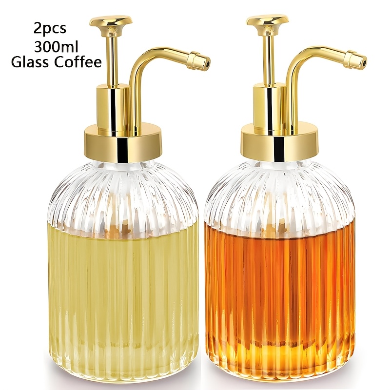 E-shop 1/2/4 Stück Glas Kaffeesirup-Spender 10oz, Sirupflaschen mit Riffeldesign, Goldene Sirup-Pumpe, Kaffeebar-Zubehör, Honigspender