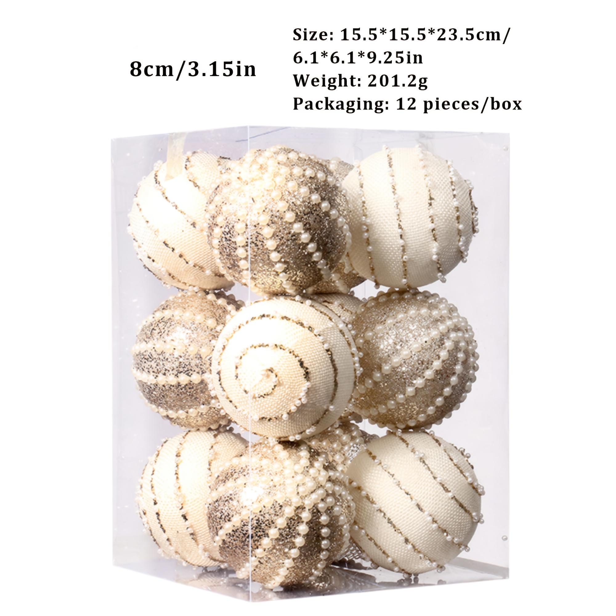 TEMU 12pcs 8cm Luxury Pearl Glitter Christmas Ball Ornaments, Shatterproof Silver White Foam Balls Hanging Decorations, Handmade Beaded Xmas Tree