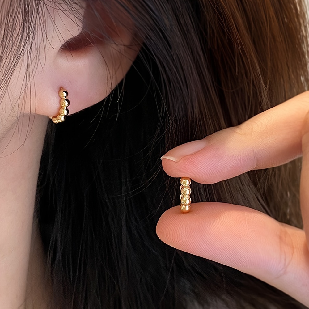 TEMU Elegant Simple Sterling Silver 925 Beaded Hoop Earrings For Women, Lightweight No Plating Round Ball Ear Cuffs, Versatile Everyday Jewelry, Gift-ready - 1 Pair