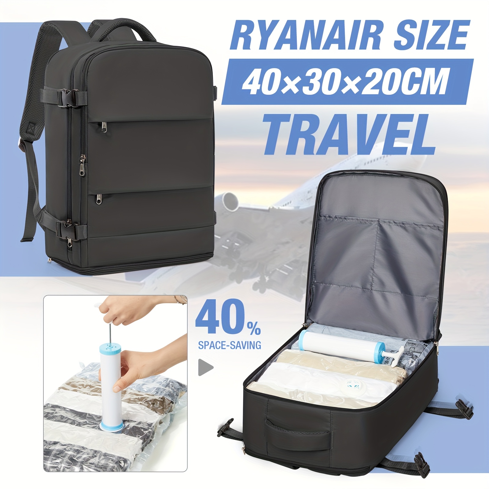 E-shop Vakuum-Kompressions-Reiserucksack-Set, 40*30*20 cm, Handgepäck-tauglich, Ein-Klick-Entlüftung für 50 % Platzersparnis, Extra großes