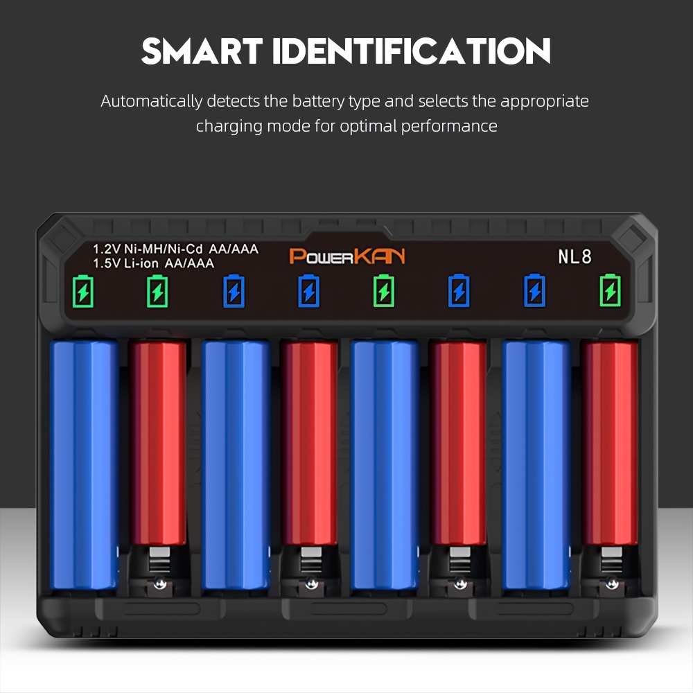 *** 8-slot AA AAA battery charger, Ni-MH/Ni-Cd: 350mA×8; Li-ion:  200mA×8-slot high-speed charging and USB-C input LED battery charger,  suitable f